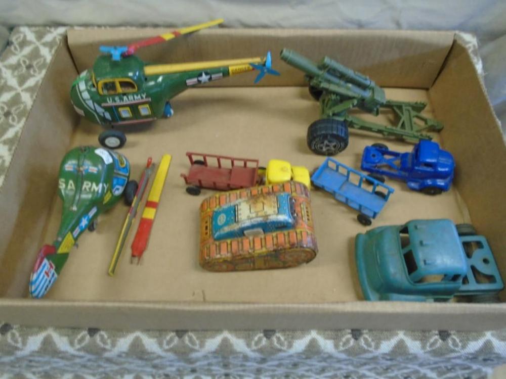 Box lot of antique plastic & tin toys. Marx Tank