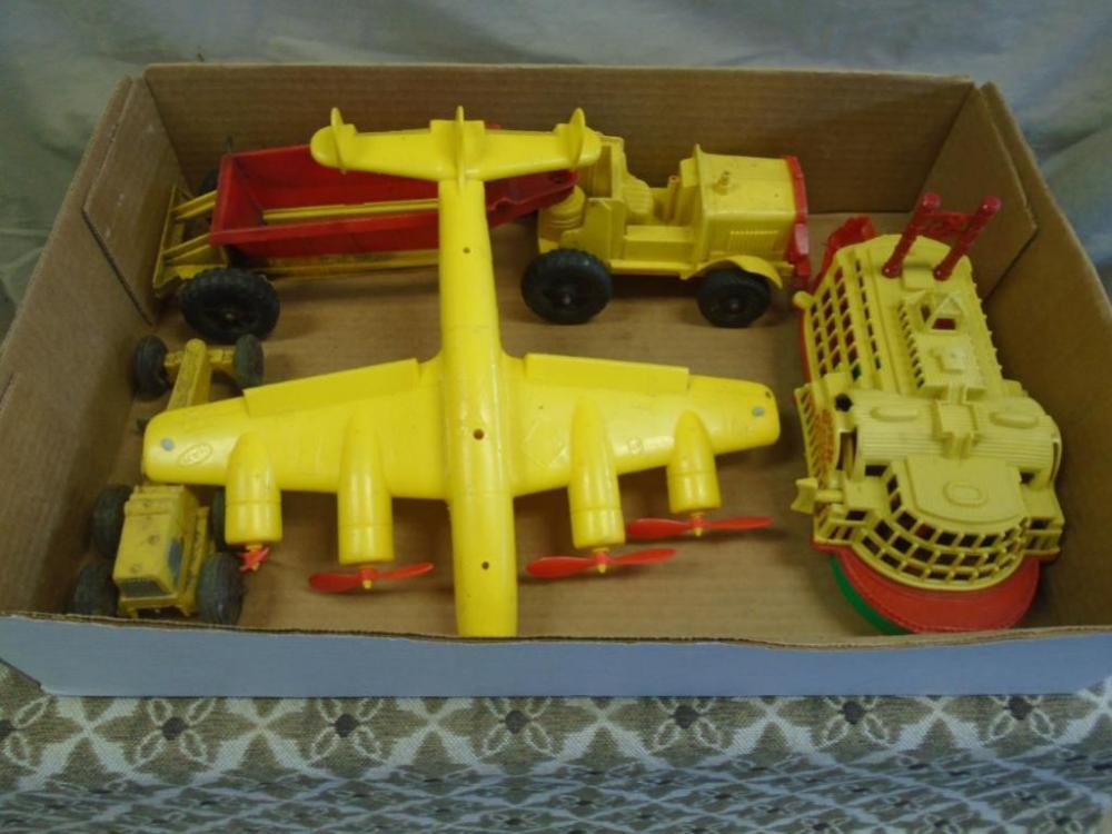 Box lot of vintage plastic toys. Marx River Queen