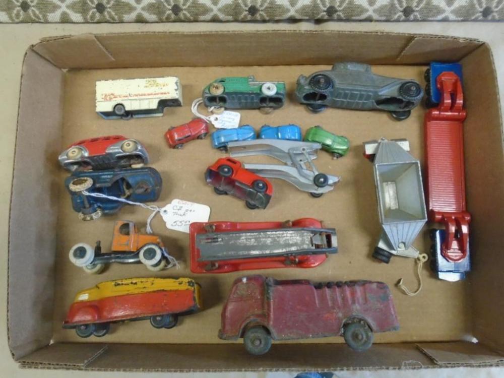 Box lot of great antique toys. Cast iron, rubber & steel.