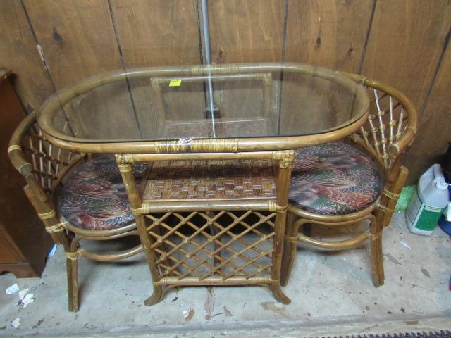 Glass top wicker table and 2 chairs