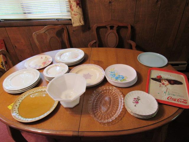 Miscellaneous dishes, Coca Cola trays, Pink Depression, blue Fire King plate