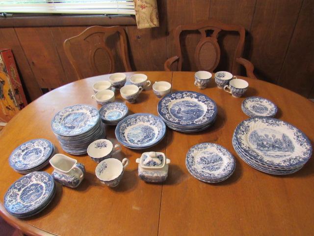 Dishes, mix and match plates, bowls, saucers and cups, creamer, sugar bowl