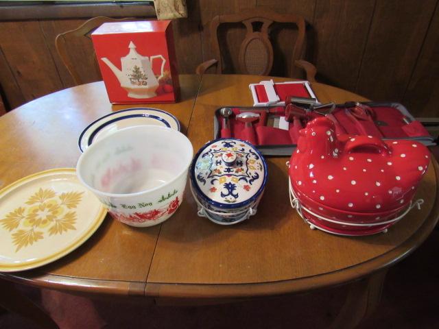 Dishes, Christmas teapot, big hen on nest, plates and miscellaneous