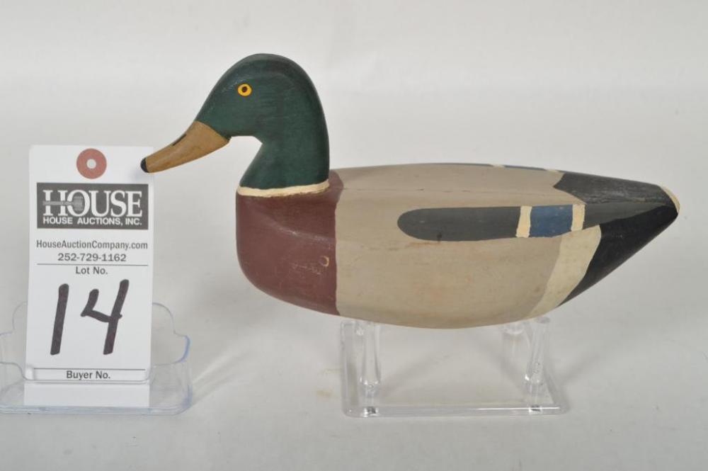 Outstanding Weldon E. Fulcher, early Stacy, NC decoy maker, Mallard Drake mid-size Decoy, circa 1960's, with initials "W&M" painted on the bottom.