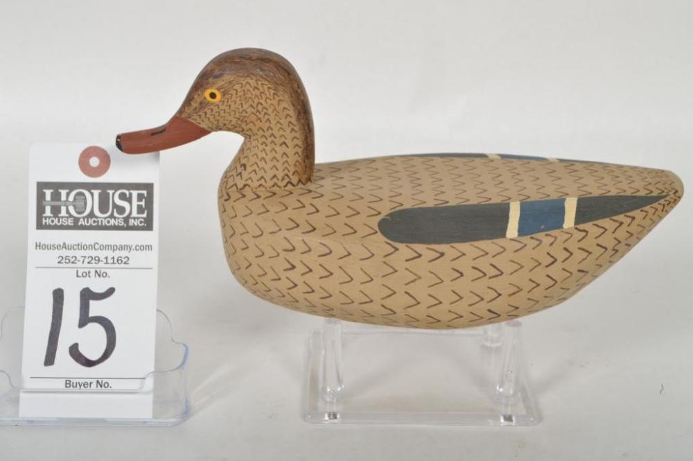 Weldon E. Fulcher, early Stacy, NC decoy maker, Mallard Hen mid-size Decoy, circa 1960's, with initials "W&M" painted on the bottom.