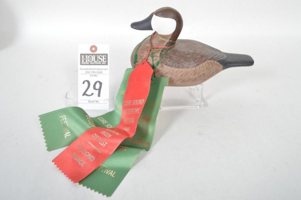 Roy H. Willis Ruddy Duck Drake, with glass eyes. Made in the style of Lee Dudley, with cracked neck. Award winning decoy with multiple ribbons.