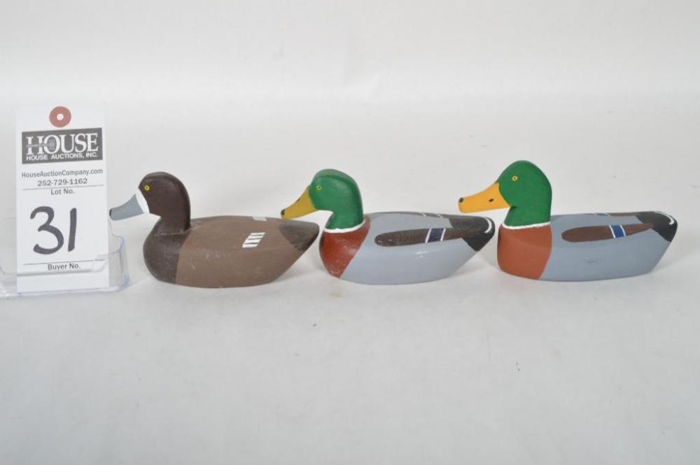 Eldon Willis miniature Blackhead Hen (not signed). Eldon Willis miniature Mallard Drake; (not signed). Plus, Roy H. Willis miniature Mallard Drake; Si