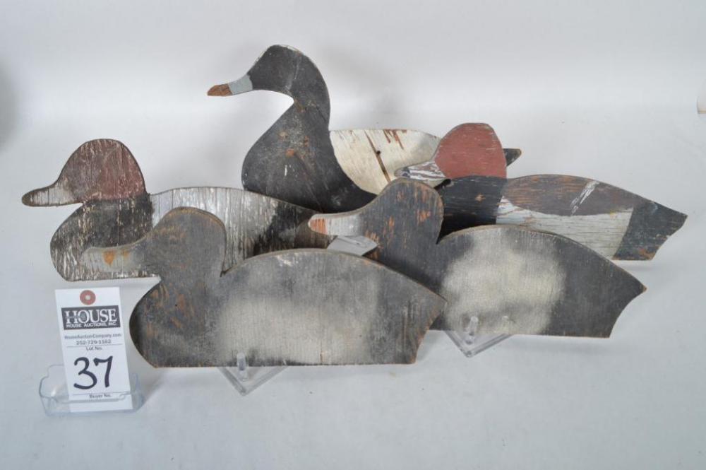 Five (5) feeder crossrack silhouette decoys; Three (3) Blackhead Drakes and Two (2) Redhead Drakes.