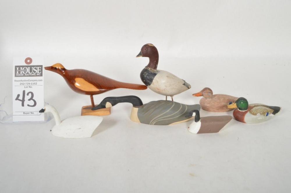 Seven (7) assorted miniature decoys/birds; Two (2) branded "TRS". Two matched Mallards carved on the bottom "H.T. Applegate Toms River, NJ 1977". Mini