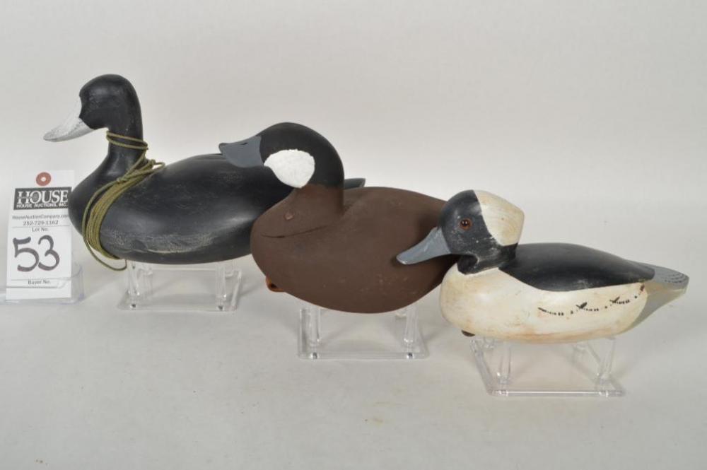 Ruddy Duck by William Hamrick, NC carver. Bufflehead Drake; unknown Chincoteague, VA maker. Unique Coot Decoy by unknown maker, likely Currituck, NC w