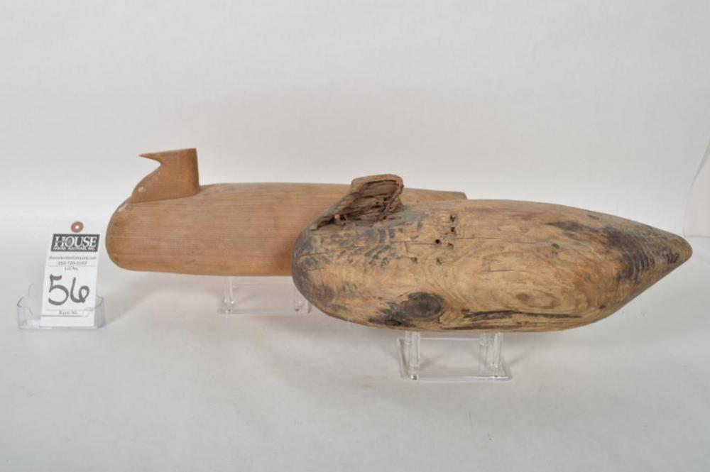 Two (2) early bodies by Ambrose "Hambone" Twiford, Currituck County, NC. Brant Decoy body; unknown maker. Beautiful patina and shape.