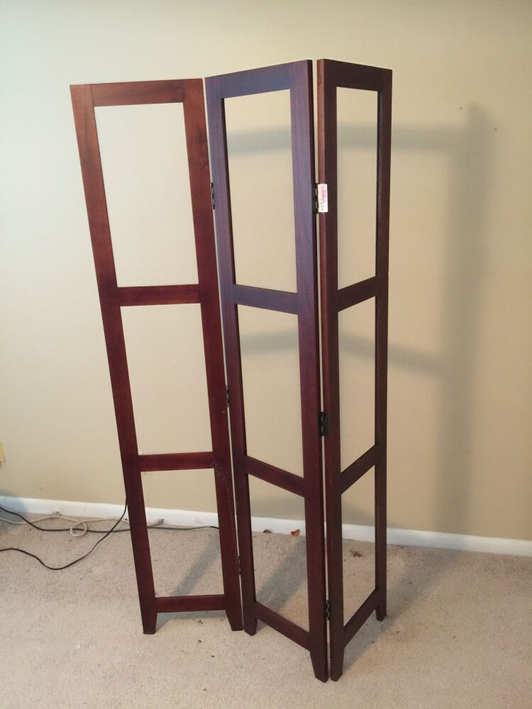 Tri-Fold 3 Panel Wood Divider, Glass Panels included