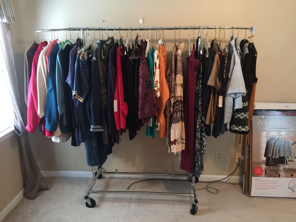 Adjustable Garment Rack with Contents