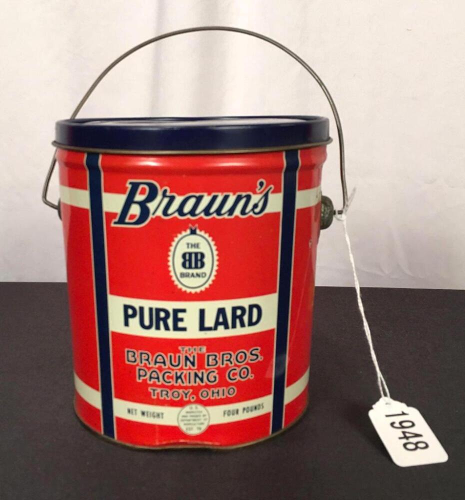 Braun's Bros. Packing Co. Troy, Ohio 4 Lb. Lard Tin