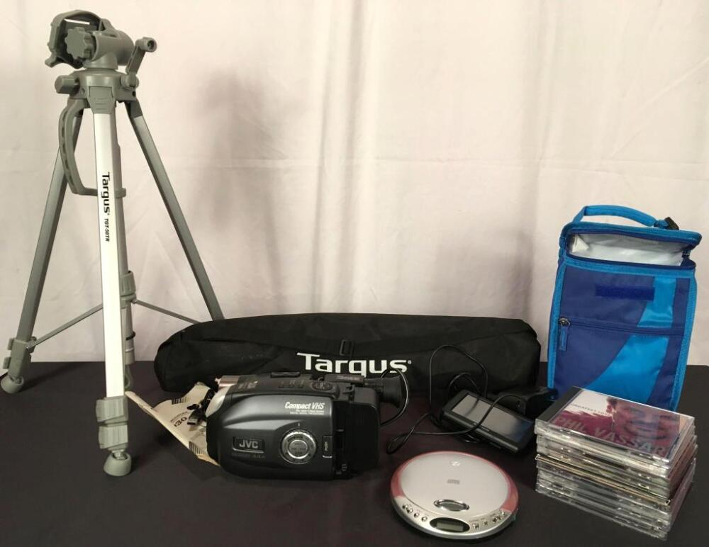 Targus Tri-Pod, JVC VHS camera, CD's & Portable Player, Garmin Navigator