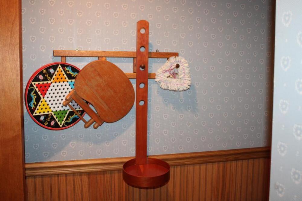 Wooden folding stool, Chinese checkers board image