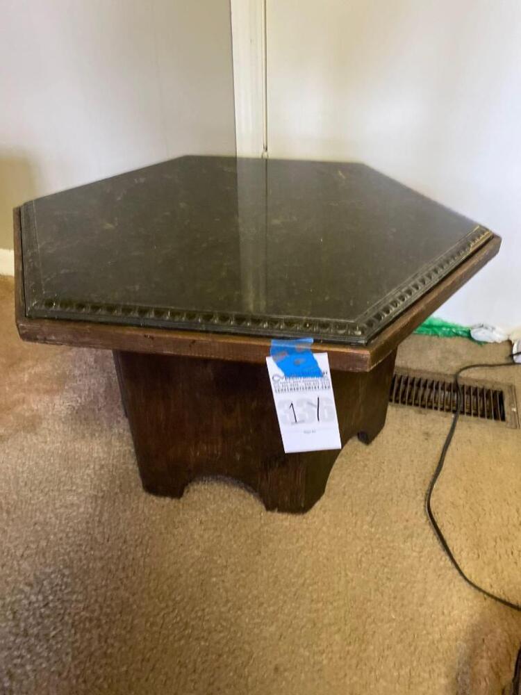 Wooden Side Table w/ Hexagonal Stone Top- 28in. T x 17in. W x 25in. D