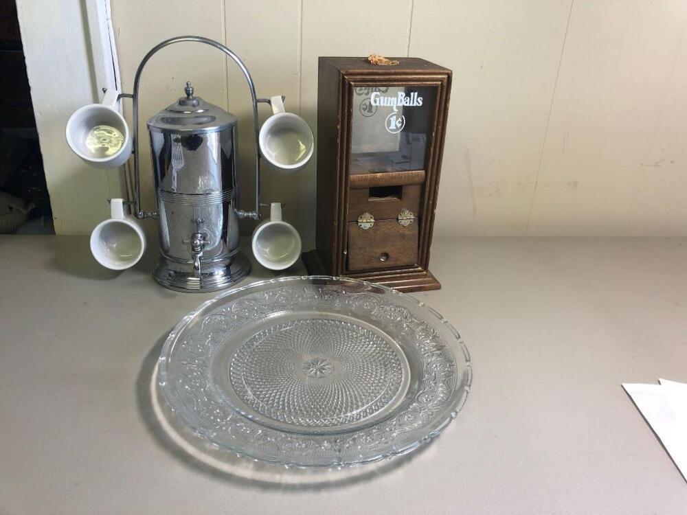 Espresso Dispenser, Antique Gumball Dispenser, and Glass Plate