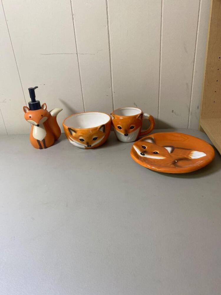 Collection of Fox Design Dishes and Soap Dispenser