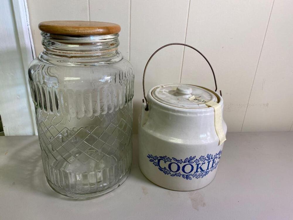 Vintage Cookie Jar and Glass Jug