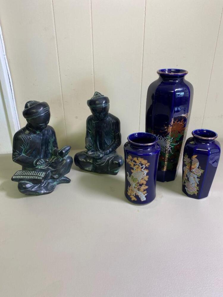 3 Matching Ceramic Vases and Pair of Oriental Figurines