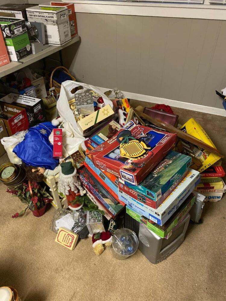 Salvage Lot Including Board Games, Christmas Decor, Etc. Buyer Responsible for Removal