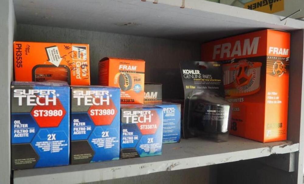 Super Tech And Fram Oil Filters, Assorted Sizes, Qty 12; Fram Air Filter, And More, Contents Of Shelf