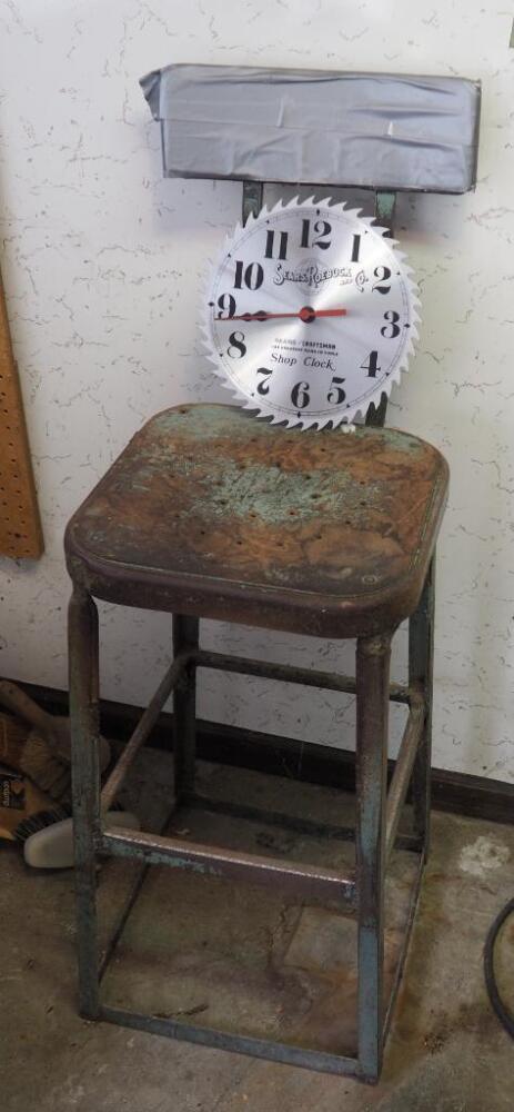 Sears Craftsman Saw Blade Style Battery Operated Shop Clock And 43" Vintage Metal Shop Stool