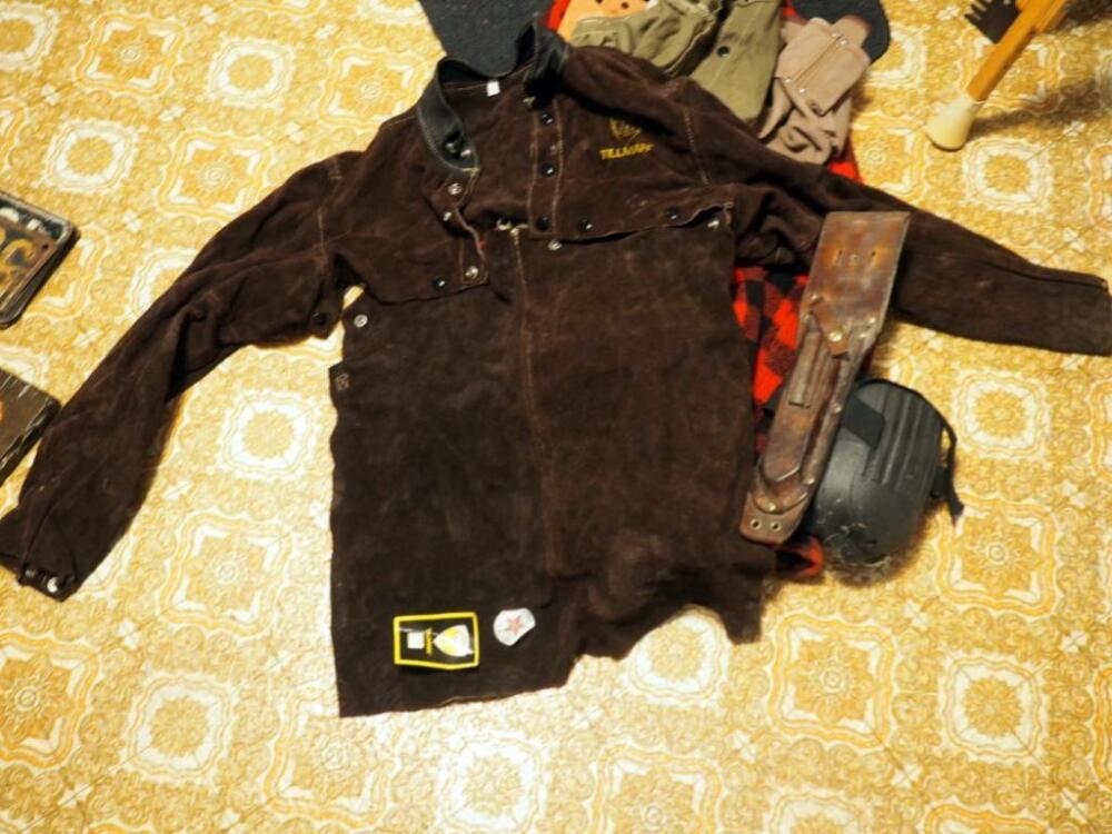 Protective Welding Apparel Including Tillmade Leather Cape W Bib Size L, Lynco Cape Size M, Wool Jackets, Leather Tool Pouches, Knee Pads, And More