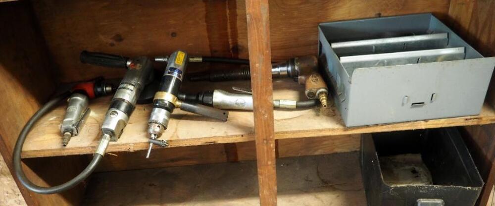 Pneumatic Power Tools Including Angle Grinder, Hammer Drill, Air Ratchet, Drills, And More, Qty 6 Air Tools, Contents Of Shelf