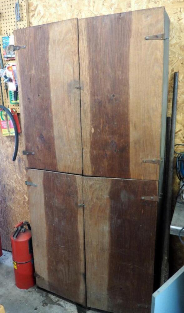 4-Door Metal Storage Cabinet, 78" x 36" x 13", Contents Include Shop Rags, Electric Staple Gun, Sandpaper, And More