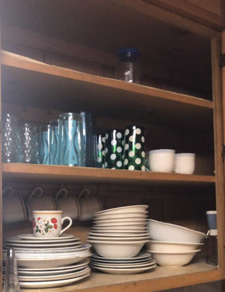 Contents of Cabinet, Assorted Dishes, Glasses, Mugs