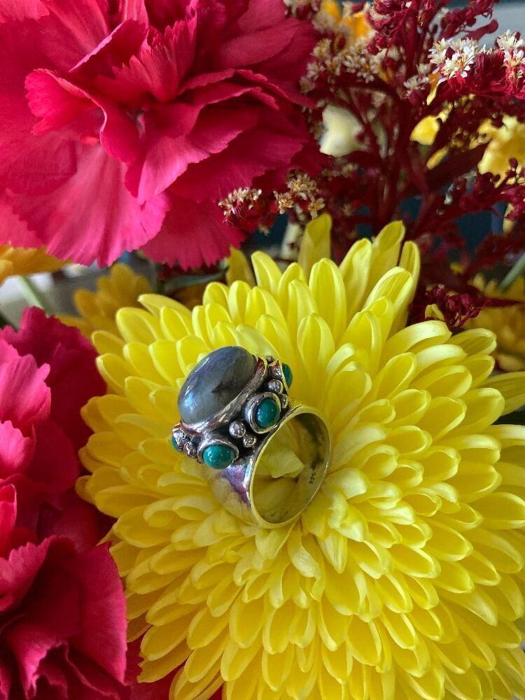 Sterling Silver Ring 1/ Turquoise & Dioxide Stones
