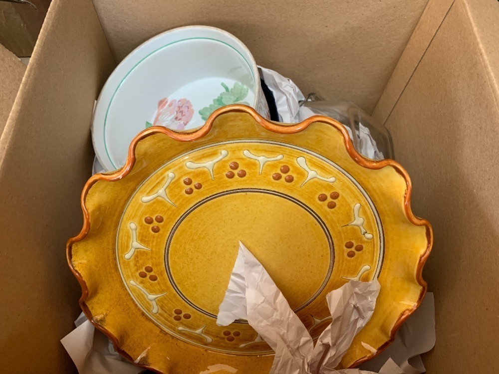 Box of vintage platters, cookware, etc.