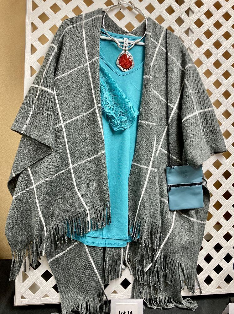 Grey & White Fringed Poncho, Teal Shirt, Italian Leather Pouch Purse, Silver w/Orange Slide Necklace