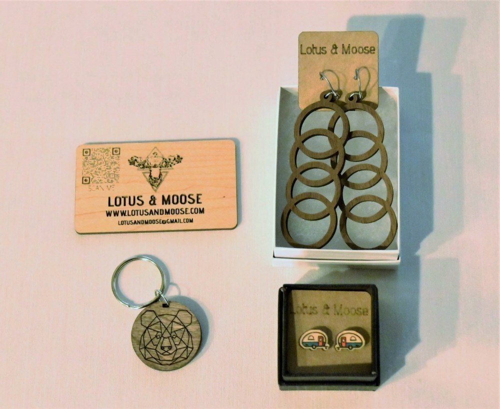 Wood earrings, camper earrings, and wood bear key chain.  Donated by Lotus & Moose.