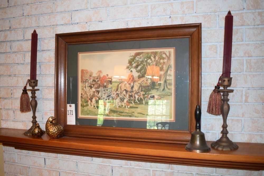 Signed Foxdog Hunting Print In A Mahogany Frame. With 2 Brass Candlesticks & Chalice. Print Is 29" X 21"