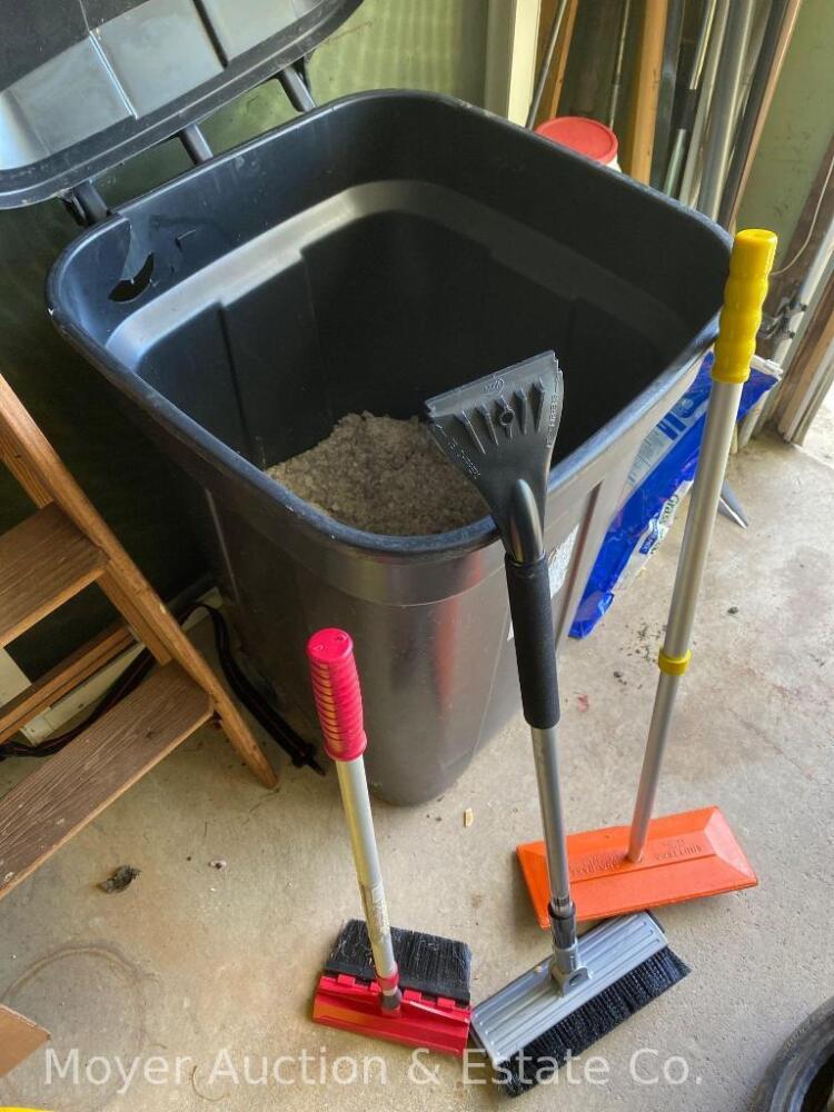 Wheeled Garbage Can with Rock Salt and 3 Snow Brushes