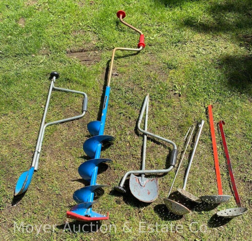 3 Ice Fishing Augers and 4 Metal Ice Scoops