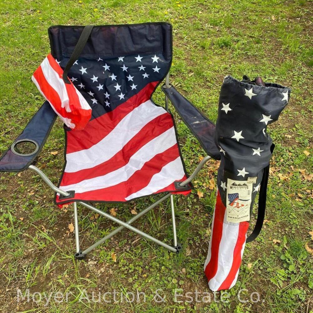2 American Flag Camp Chairs and Blue Camp Chair