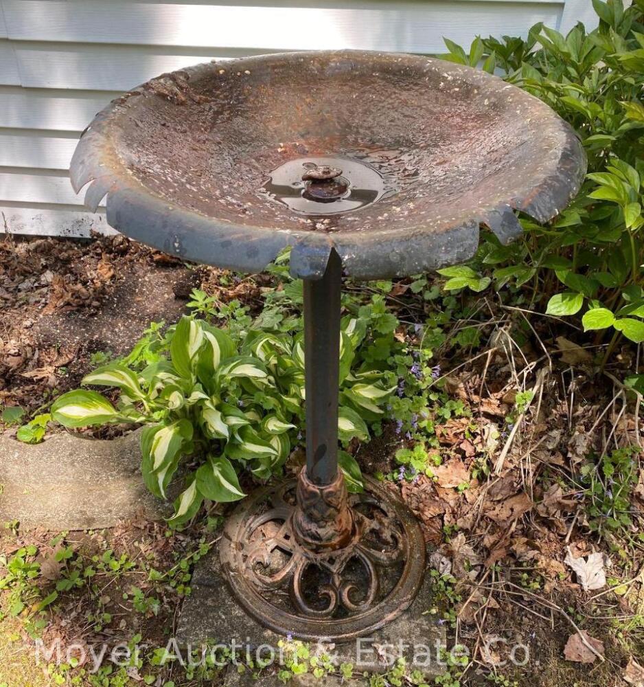 Metal Bird Bath with Planters, Small Shepards Hooks, Solar Lights