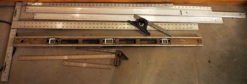 Harrington 48" T-Square, Magnum 48" Level, And Measuring Sticks