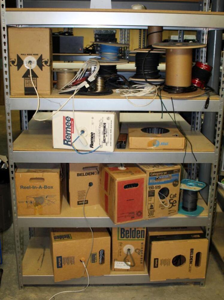 Assorted Cable Spools, Includes Cat5e, Coax, Cat6, Audio Cable, Multipair Cable, And More, Contents Of Rack, Full And Partial Boxes