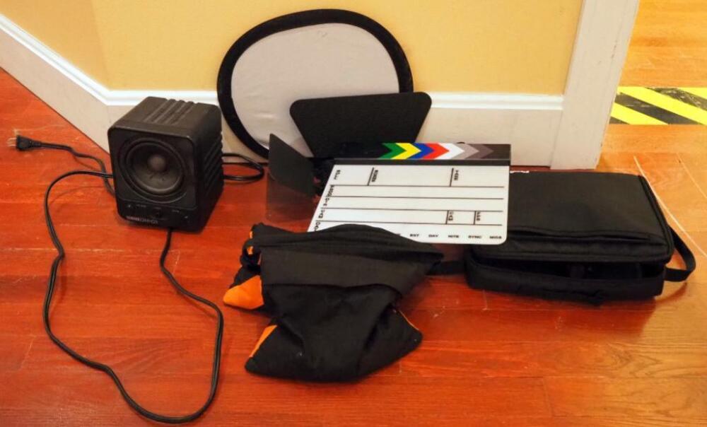 Feelworld On Camera Field HD Monitor In Case, Flash Guards, Weight Bag, Yamaha DM-0, And Capper Board
