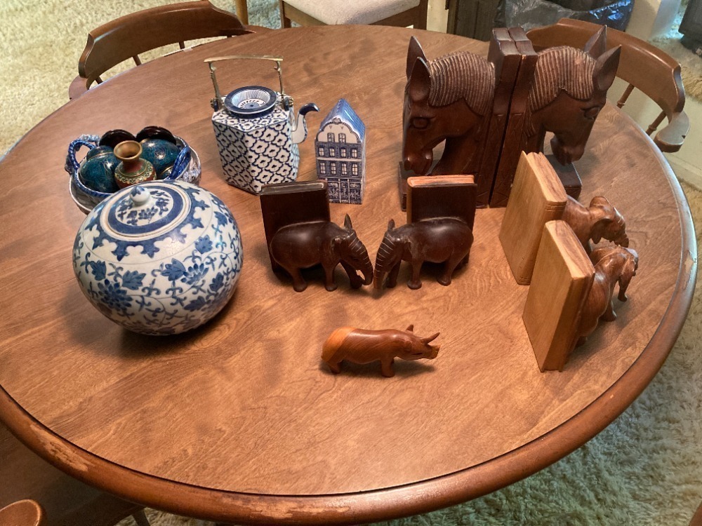 Cloisonne Pieces (3), Wooden Bookends (3), Blue Ceramic DÃ©cor Pieces (5) Table And Chairs Not Included