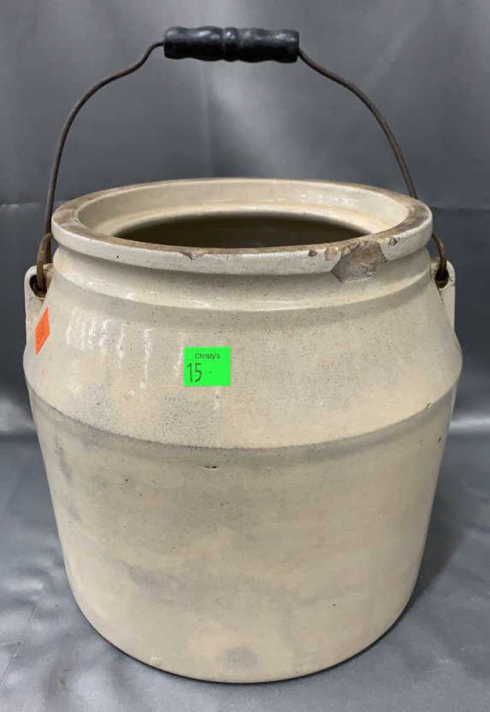 Crock With Handle, Missing Lid, Some Chips 8x9