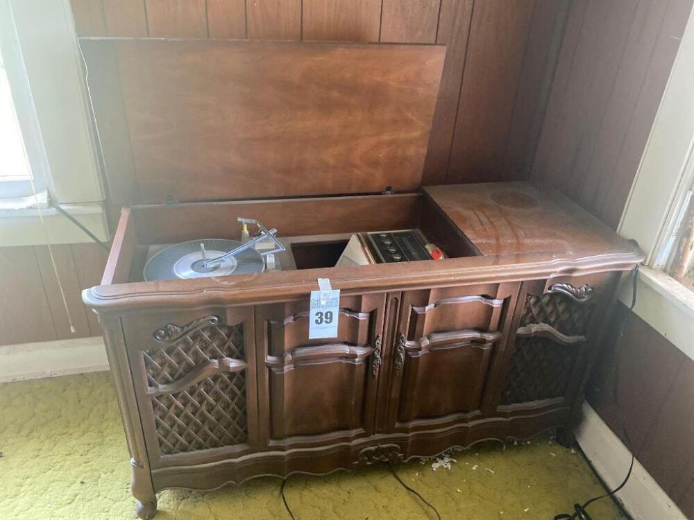 Vintage Wooden Record Player Console- 28in. T x 51in. W x 17in. D