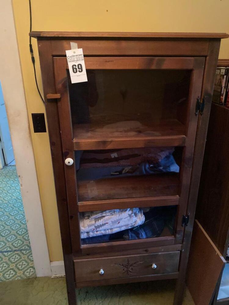 Wooden Cabinet w/ Glass Front (Contents Included)-65in. T x 28in. W x 18in. D