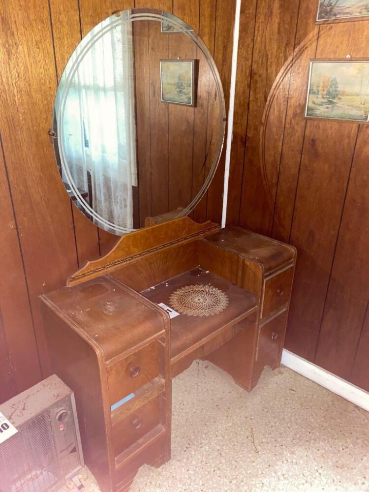 Wooden Vanity w/ Circular Mirror- 28in. T x 42in. W x 16in. D