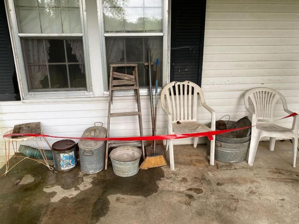 SALVAGE LOT (Buyer Responsible For Removal)- Plastic Chairs, Wooden ladder, Shovels, Etc.